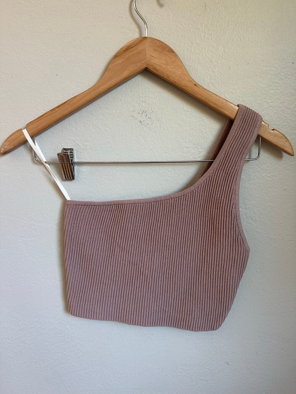 Aritzia Babaton Sculpt Knit One Shoulder Crop Top S Mauve Ribbed Asymmetrical